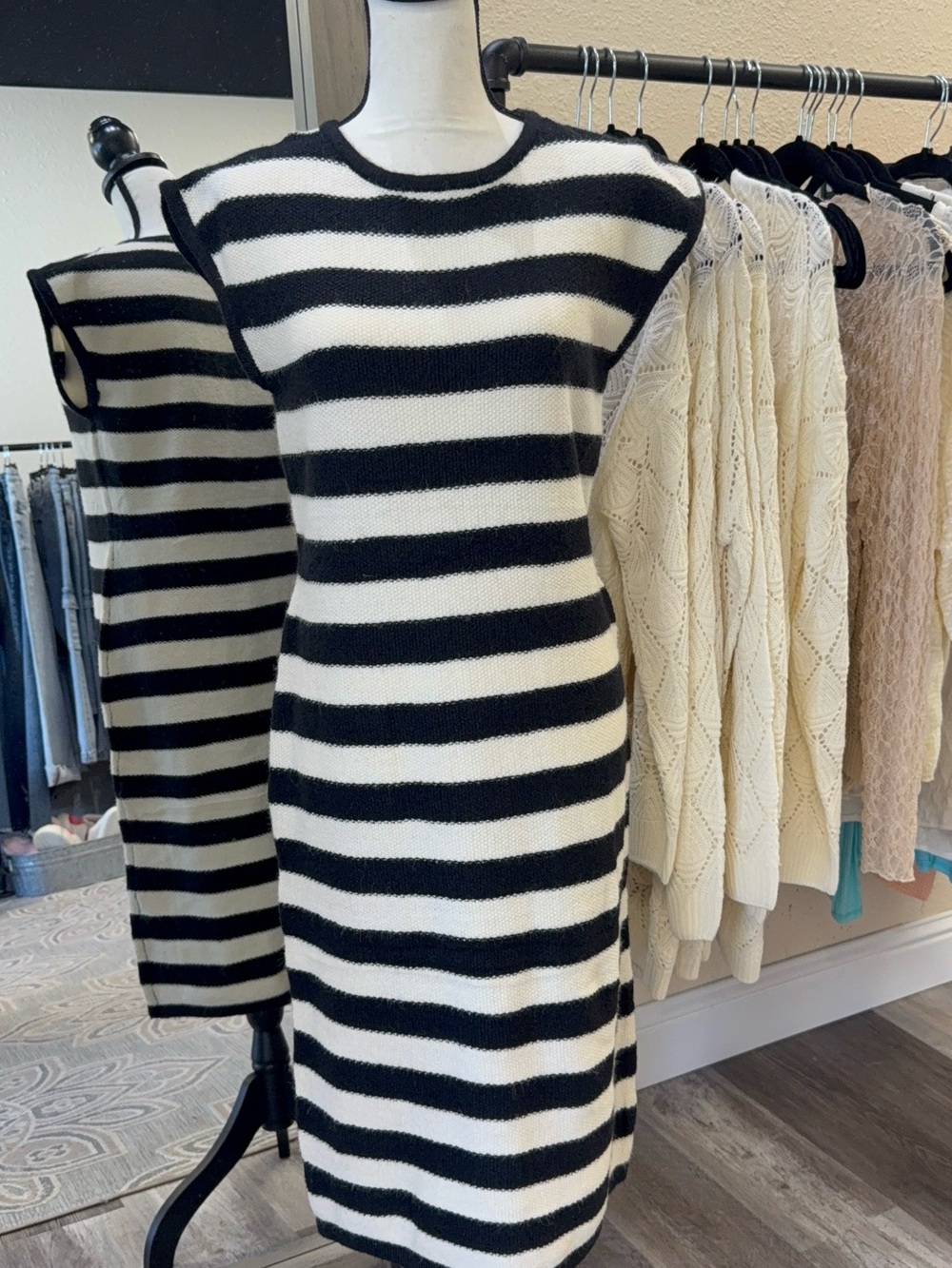 Sleeveless Black & White Striped Knit Dress